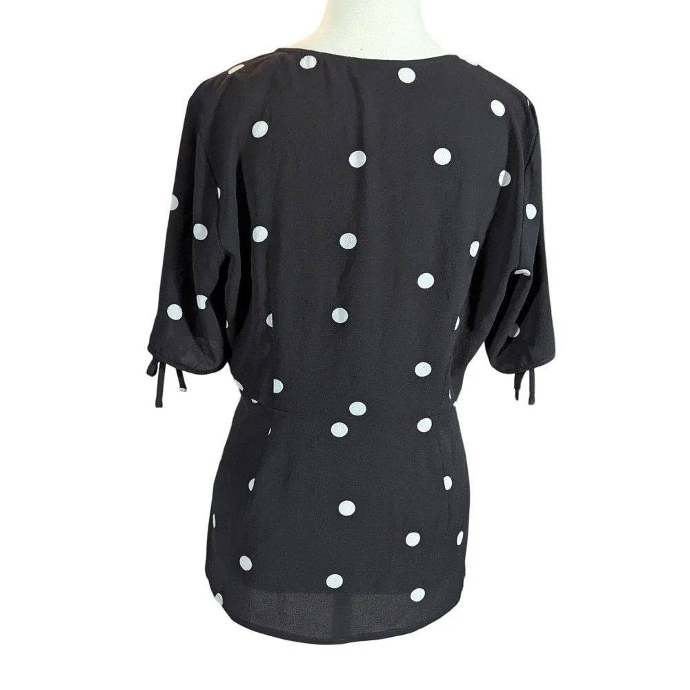 Vince‎ Camuto Blouse Womens S Black White Polka Dot Button Tie Sleeve Peplum